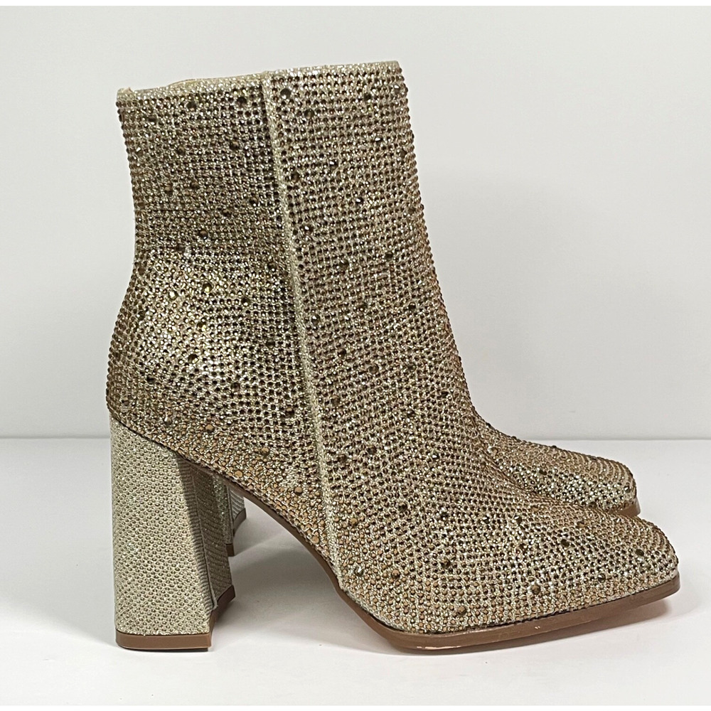 Chase and Chloe Women's Rhinestone Ankle Booties Size 7 Gold Block Heel Zip Up